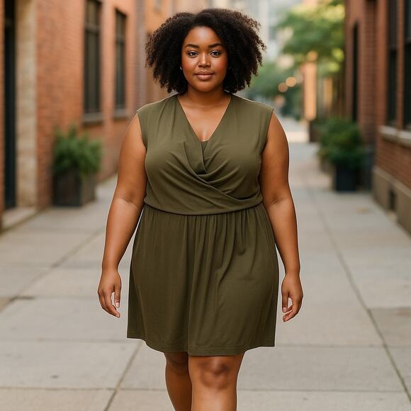 Adrianna Papell Olive Drape Neck Faux Wrap Sleeveless Midi Dress 16 - Picture 12 of 12